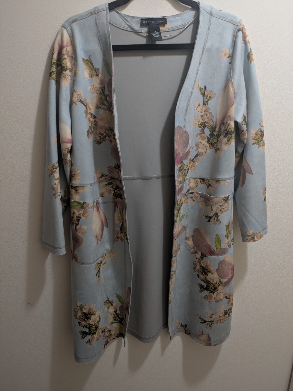 Joan Vass New York Floral Faux Suede Duster Jacket Size M Light Blue